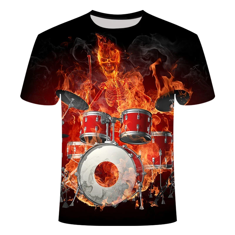 

New Men's 3D Printed T-Shirt Trend Roll Tshirt Musical Guitar Elastic Breathable Summer American Casual Orchestra Band T-Shirts