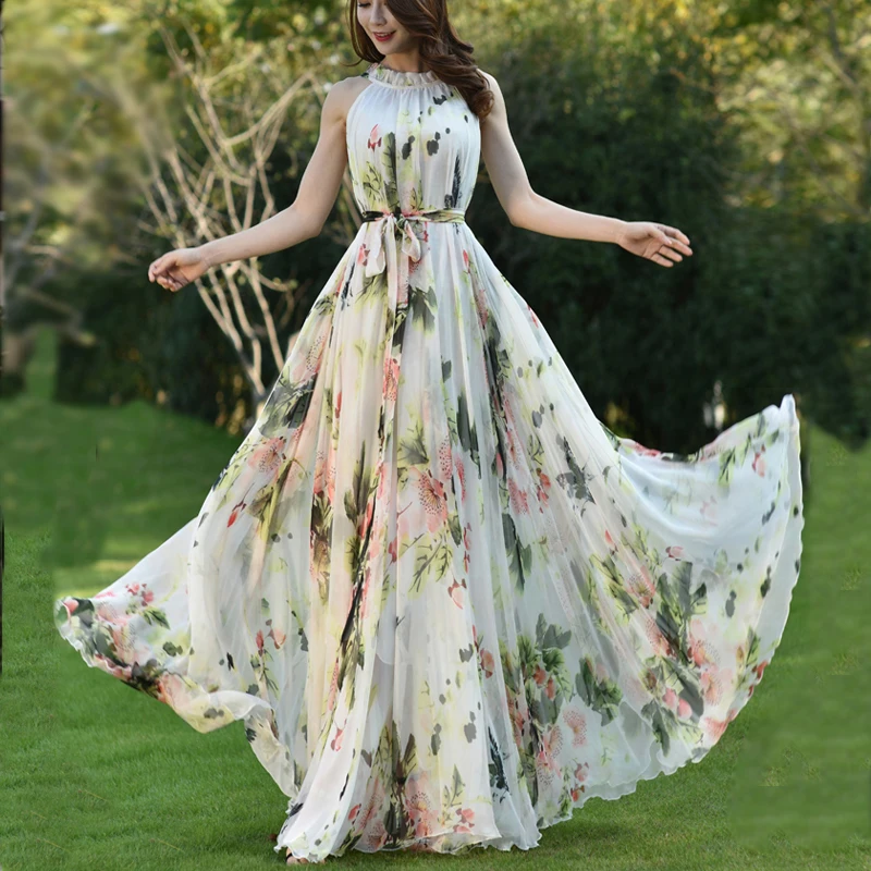 Летнее стильное цветное шифоновое платье макси с лямкой через шею пляжный