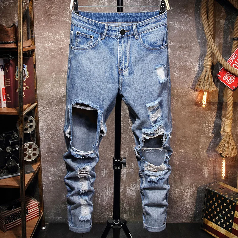 

Summer New Men Jeans Casual Male Big Hole Denim Pants High Street Hip Hop Man Ripped Trousers Straight Loose Jeans