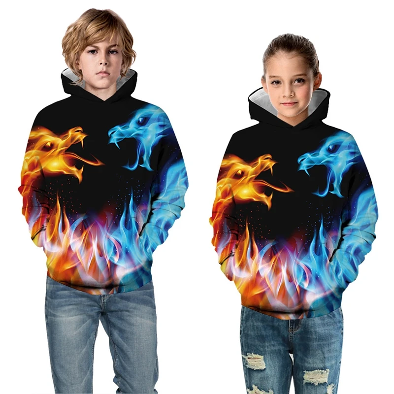 

5-14 Years Boys Dragon Print Hooded Sweatshirt Girls Spring Autumn Hoodies Outerwear Kids Clothes Children Long Sleeve Pullover
