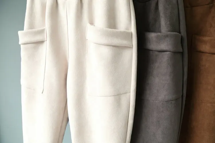 Эластичные женские брюки с завышенной талией зимние бриджи замшевые большими