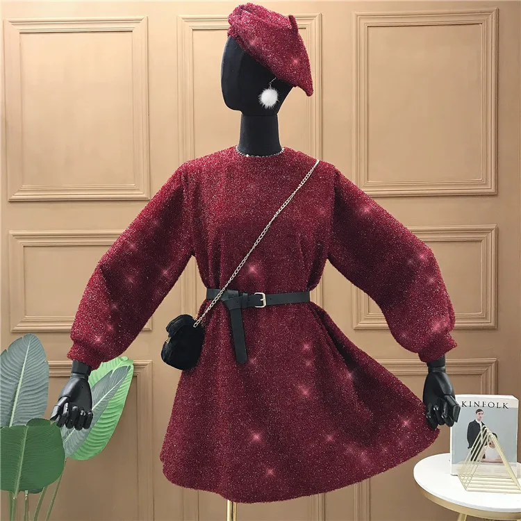 Яркое шелковое женское платье 2020 свободная талия длинный рукав утолщенный + пояс