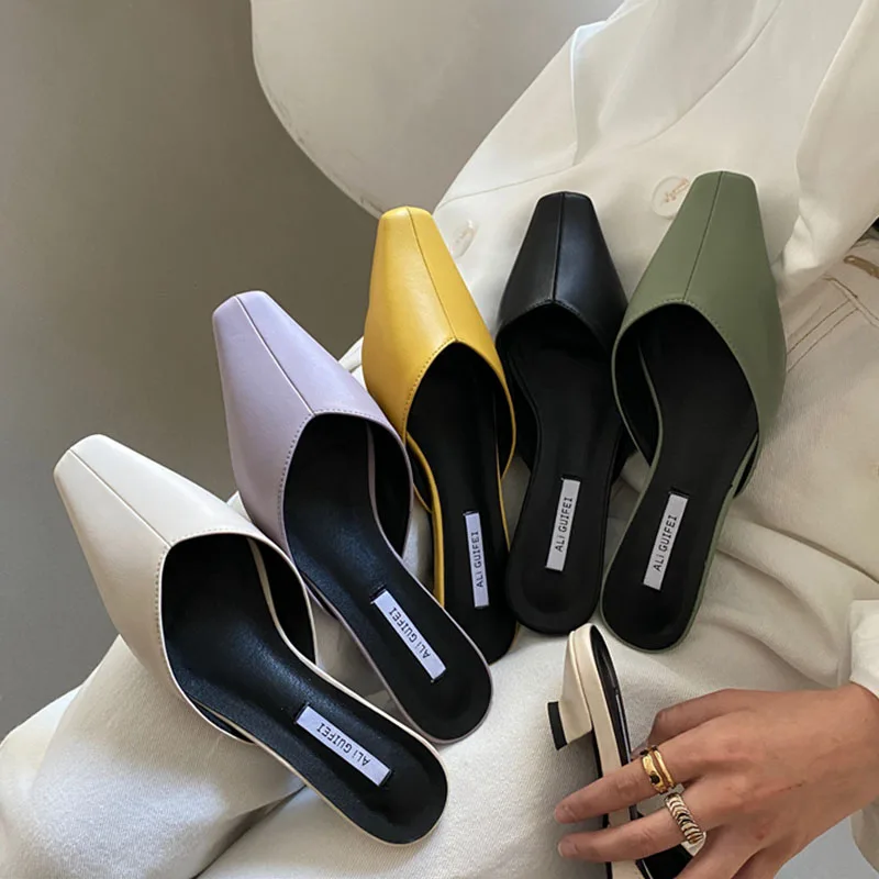 

Fashion Spring Candy Color Mule Slippers Slip On Slide Brand Kitten Low Heel Shoes Women Outdoor Flip Flops Ladies Female Sandal