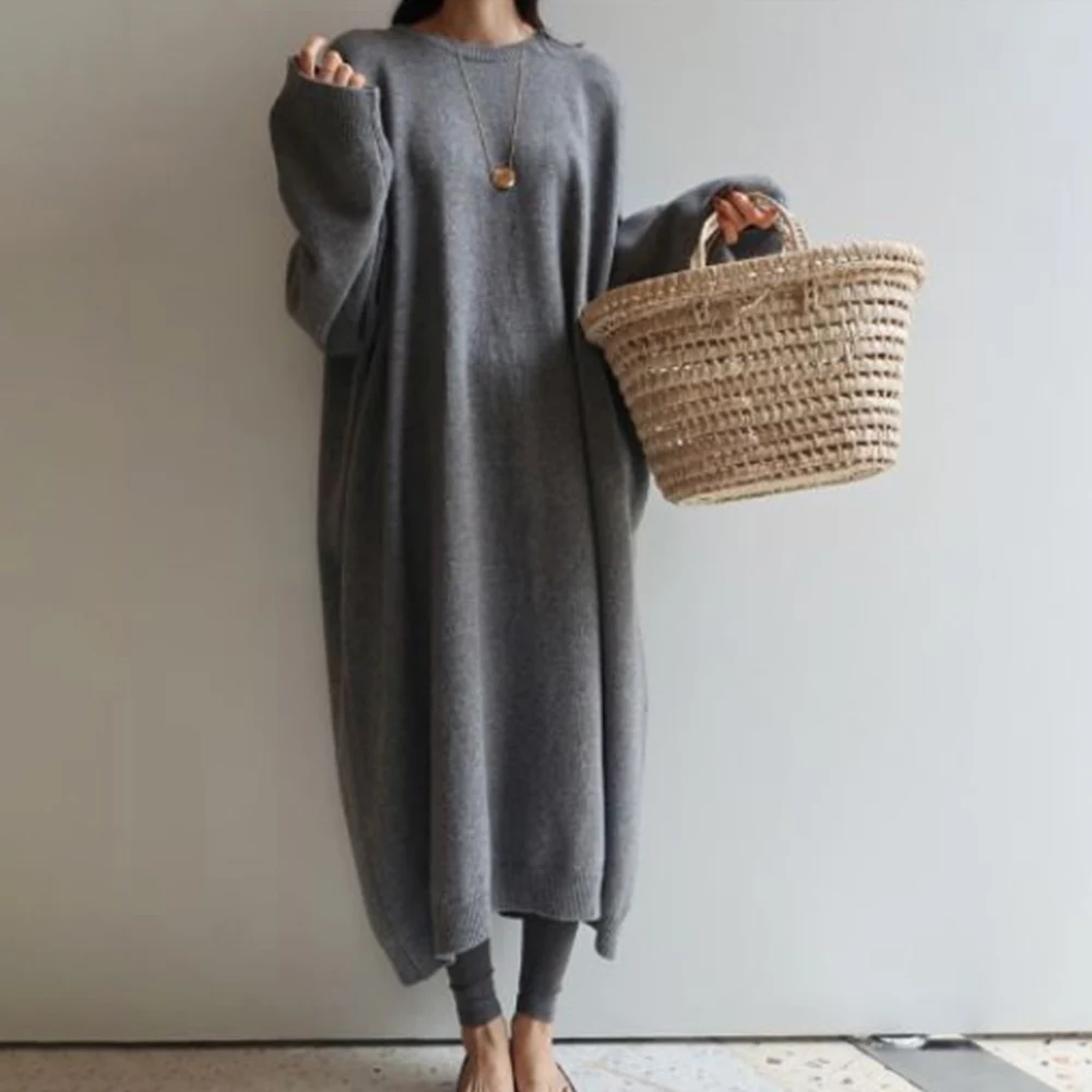 Женское трикотажное платье с круглым вырезом однотонное повседневное Свободное