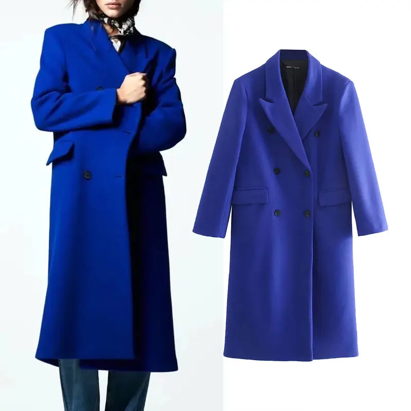 

Женское шерстяное пальто ZA, двубортное винтажное пальто с длинным рукавом и карманами с клапаном, верхняя одежда, осень-зима 2021