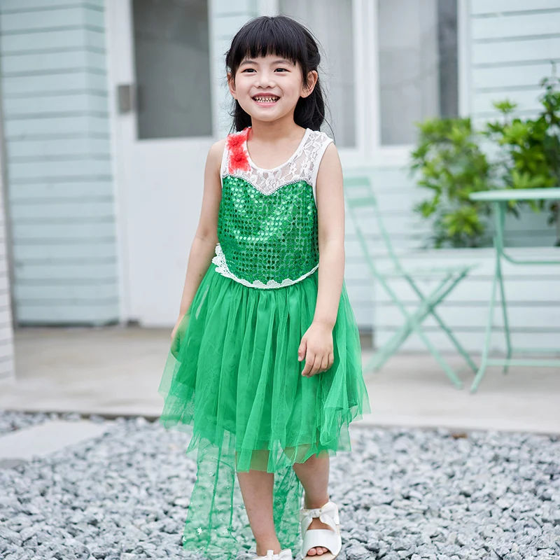 Детский костюм принцессы зеленое кружевное платье с накидкой из тюля для девочек