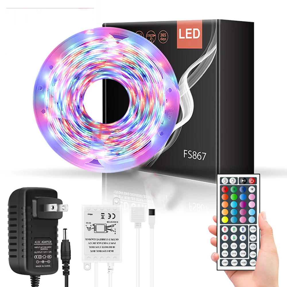 

LED Strip Light RGB 3528 SMD 2835 Flexible Ribbon Fita Led Light Strip 5M Waterproof Diode Tape DC 12V + Remote Control +Adapter