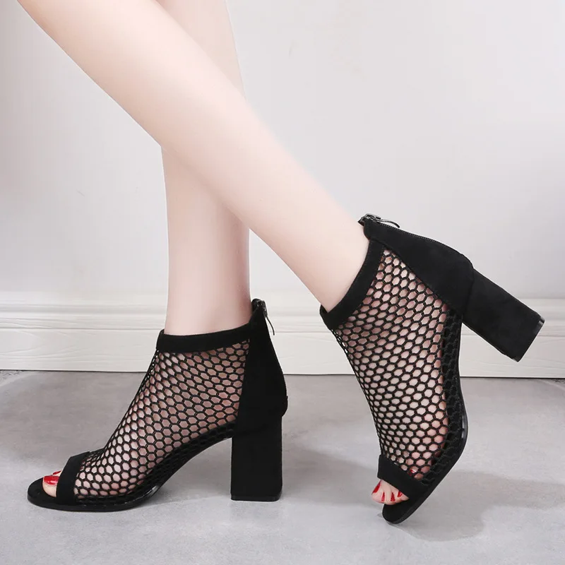 

Gauze fish mouth sandals women's thick heel high heel sandals summer new fashion net boots hollow fairy women's shoes hole black