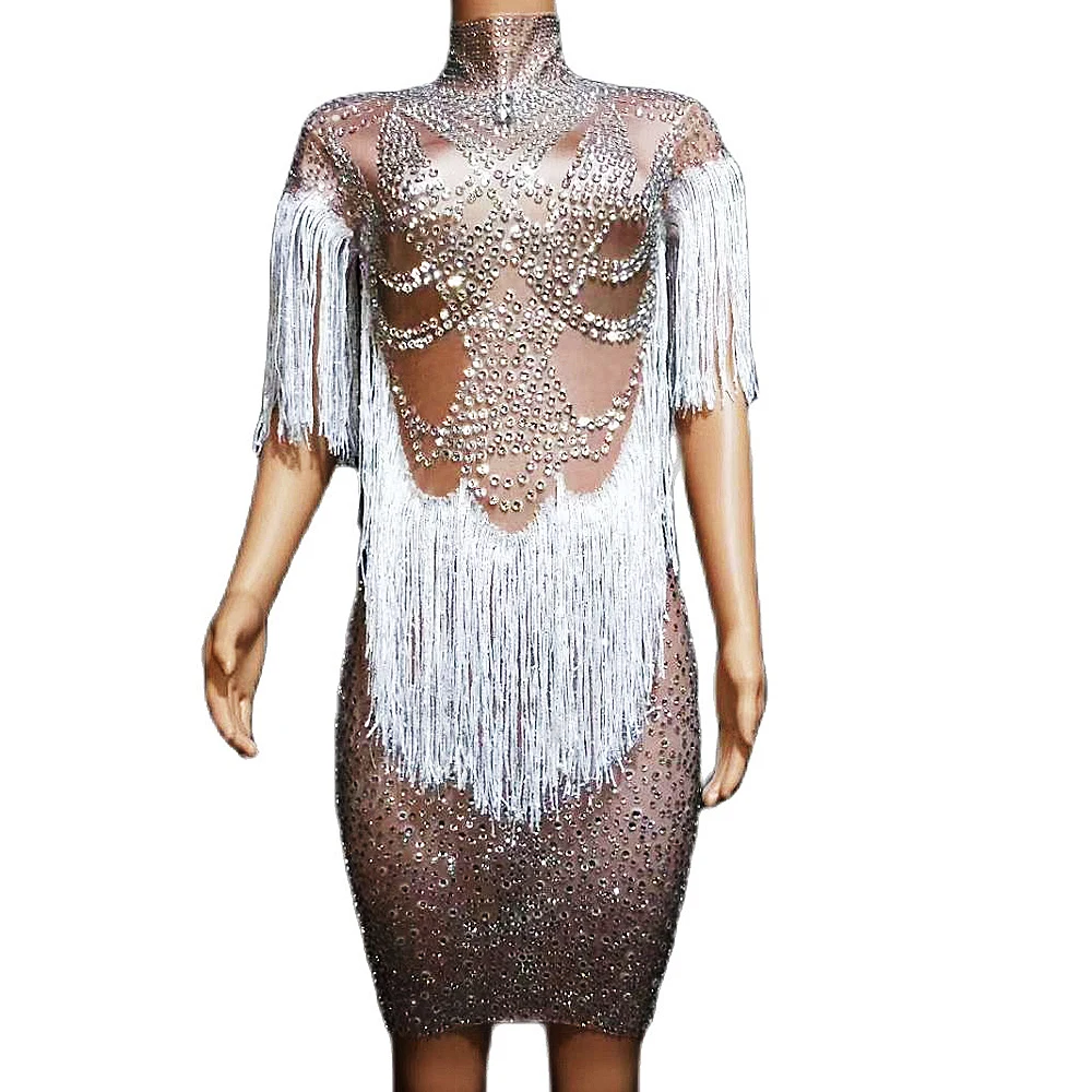 

Sparkly Diamonds Women Dresses Nightclub Singer Stage Costume Party Show Dancer Performance Wear Evening Prom White Fringe Dress