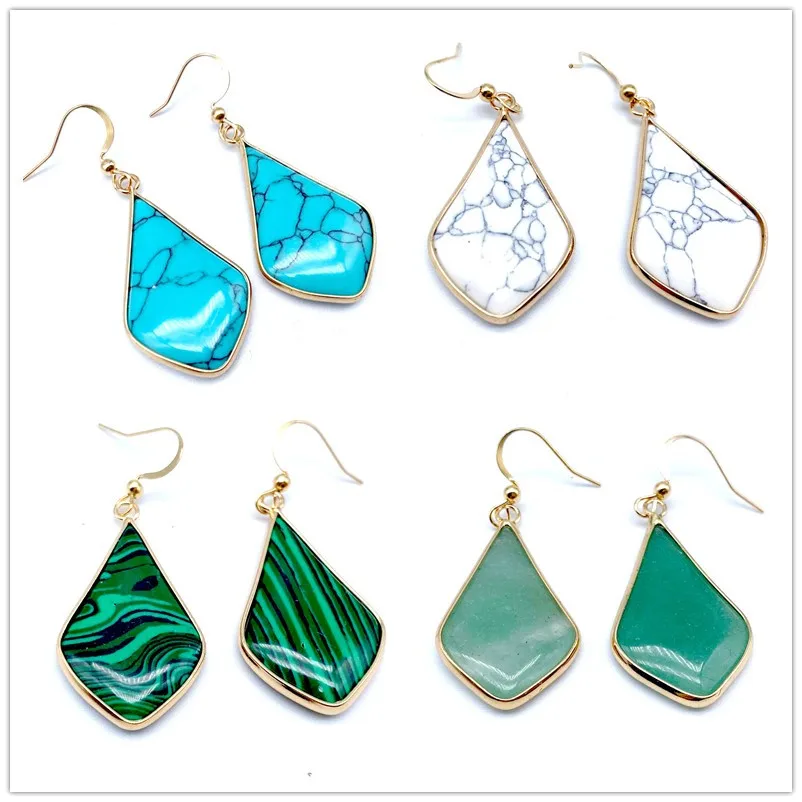 Ромбовидная капля серьги из натурального камня геометрические медные розовые