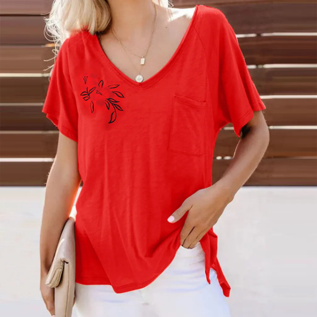Модная футболка летняя женская с коротким рукавом свободный карман повседневная