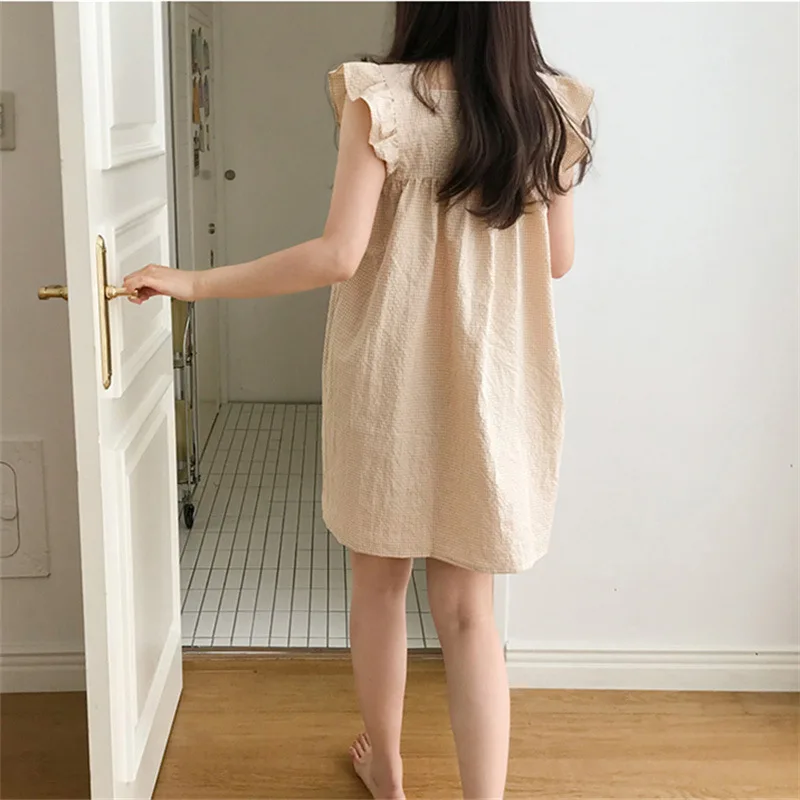 Cotton lotus edge sweet sling skirt Korean summer Plaid nightdress women lovely home dress lady nightgown Female sleepwear