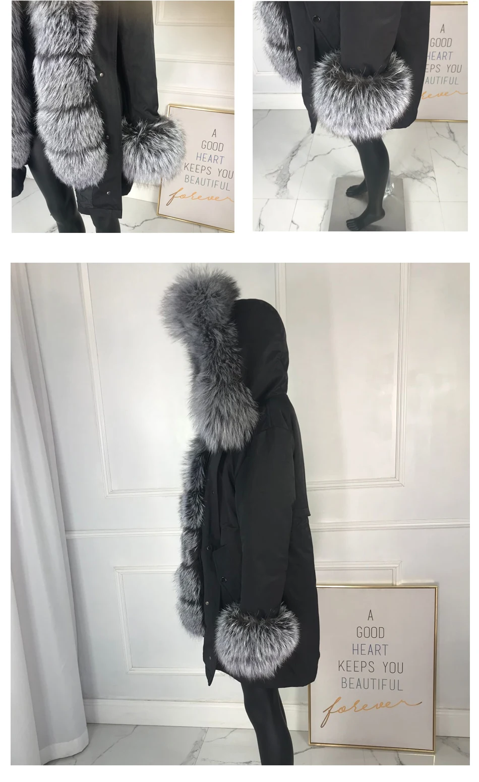 Новые чернобурки меховой парка пальто женские трикотажные silver fox меховой подкладке парки Черный зимой толстые Настоящее пальто с мехом теплые женские верхняя одежда