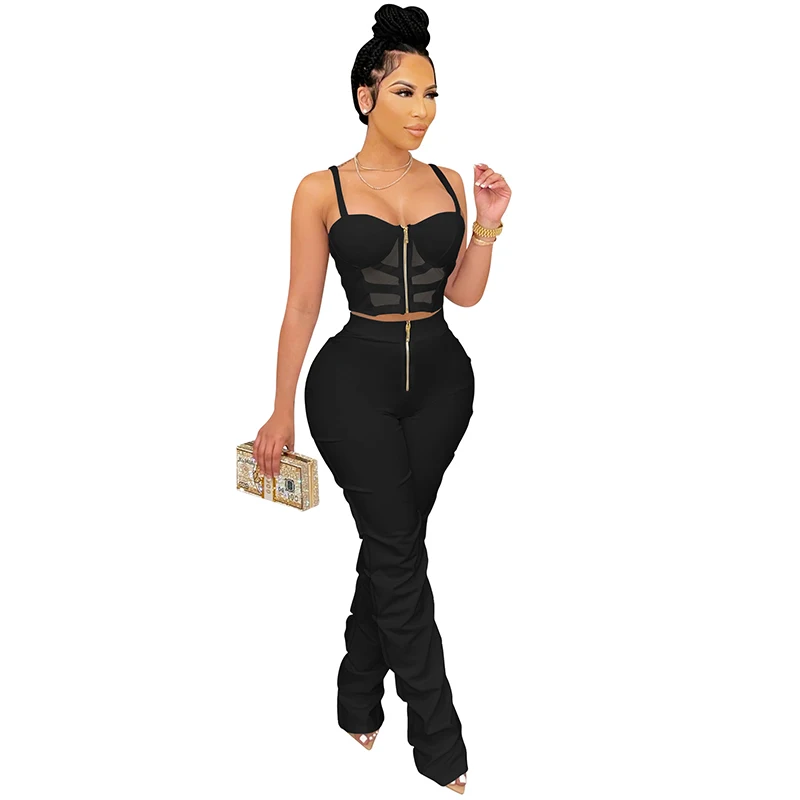 

Women Bodycon Sexy Sleeveless Zip Up Camisole Crop Top Ruched Stacked Straight Long Pants Solid Party Club 2 Piece Matching Sets