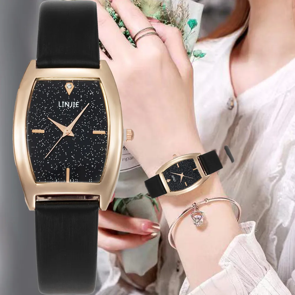 

Simple Rectangle Women Watches Starry sky Dial Design Ladies Fashion Wristwatches Casual Black Leather Clock Zegarki Damskie