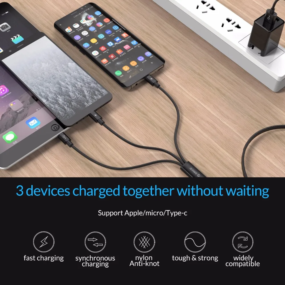 USB-кабель ORICO 3 в 1 для iPhone X 5 6 7 8 мобильный телефон кабель 2 Micro USB Type-C телефонов Android
