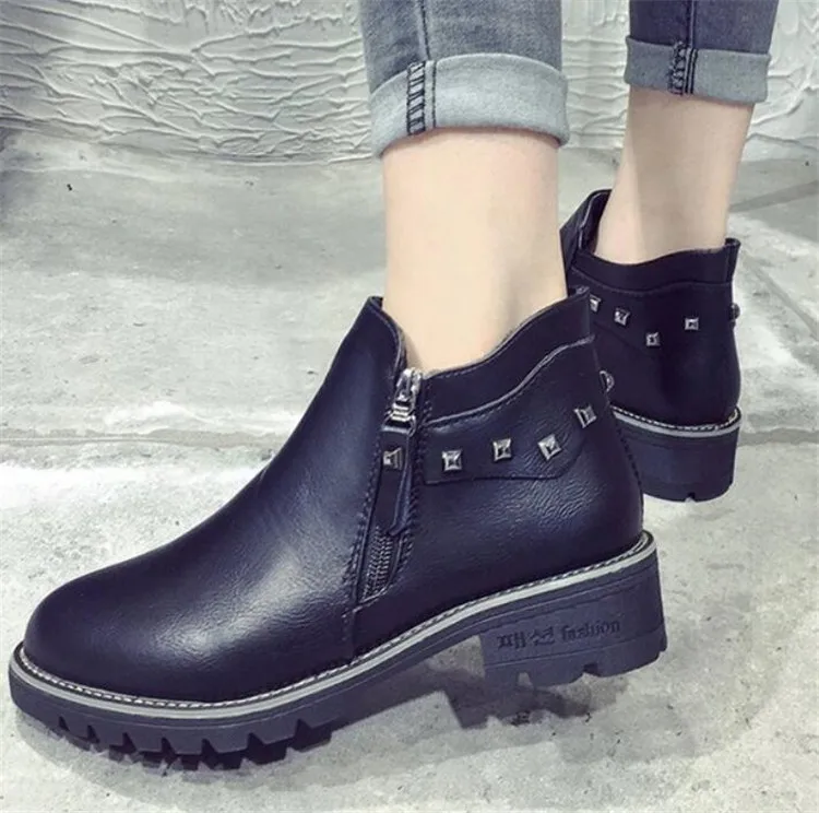 Women boots winter ladies Round head waterproof Fur warm Thick heel Martin boot Ankle fashion rivet woman casual shoes Z405 | Обувь