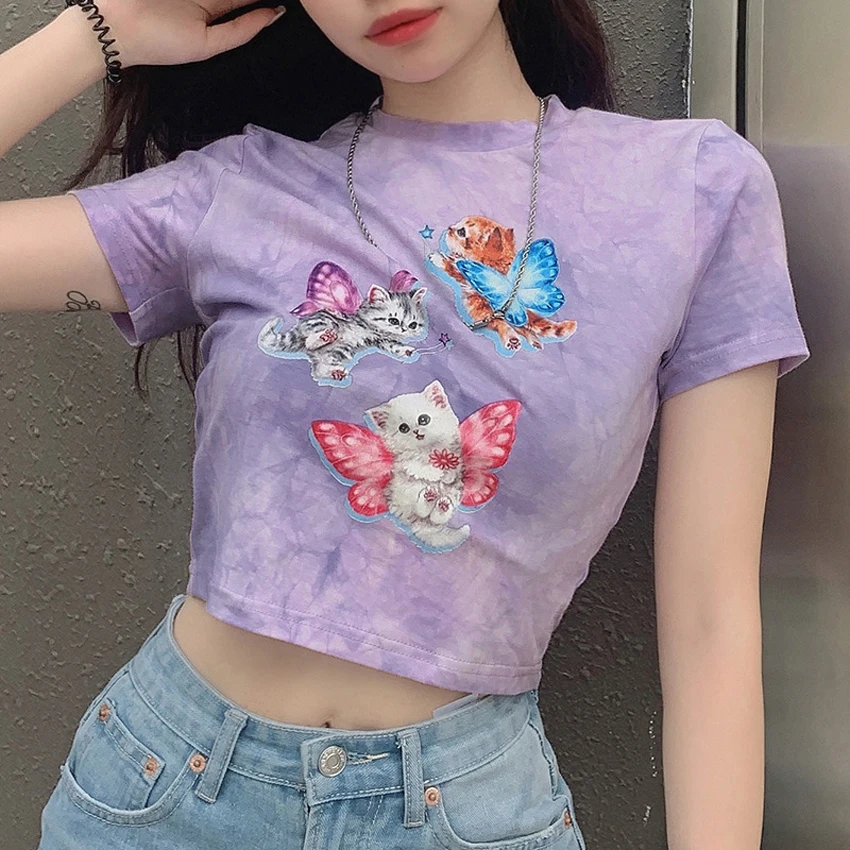 

Butterfly Tie Dye Graphic Women's y 2k Casual Short Tee Shirts Purple Cotton Crew Neck Summer Streetwear Basic 90s Tops e girl