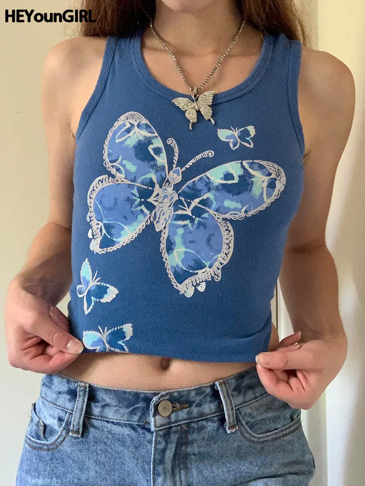 

HEYounGIRL Sleeveless Butterfly Print Women Camis Summer Slim O Neck Casual Cute Tank Top Fashion Aesthetic Crop Camis Harajuku