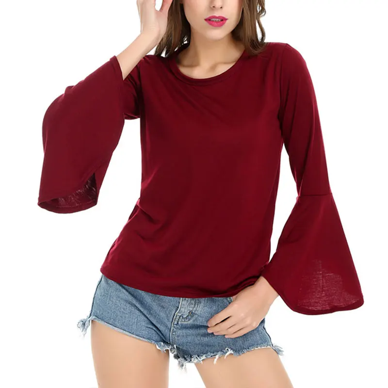 

2021 модная женская футболка с круглым вырезом и расклешенными рукавами, однотонные шикарные топы, футболка, новые весенние женские рубашки, ...