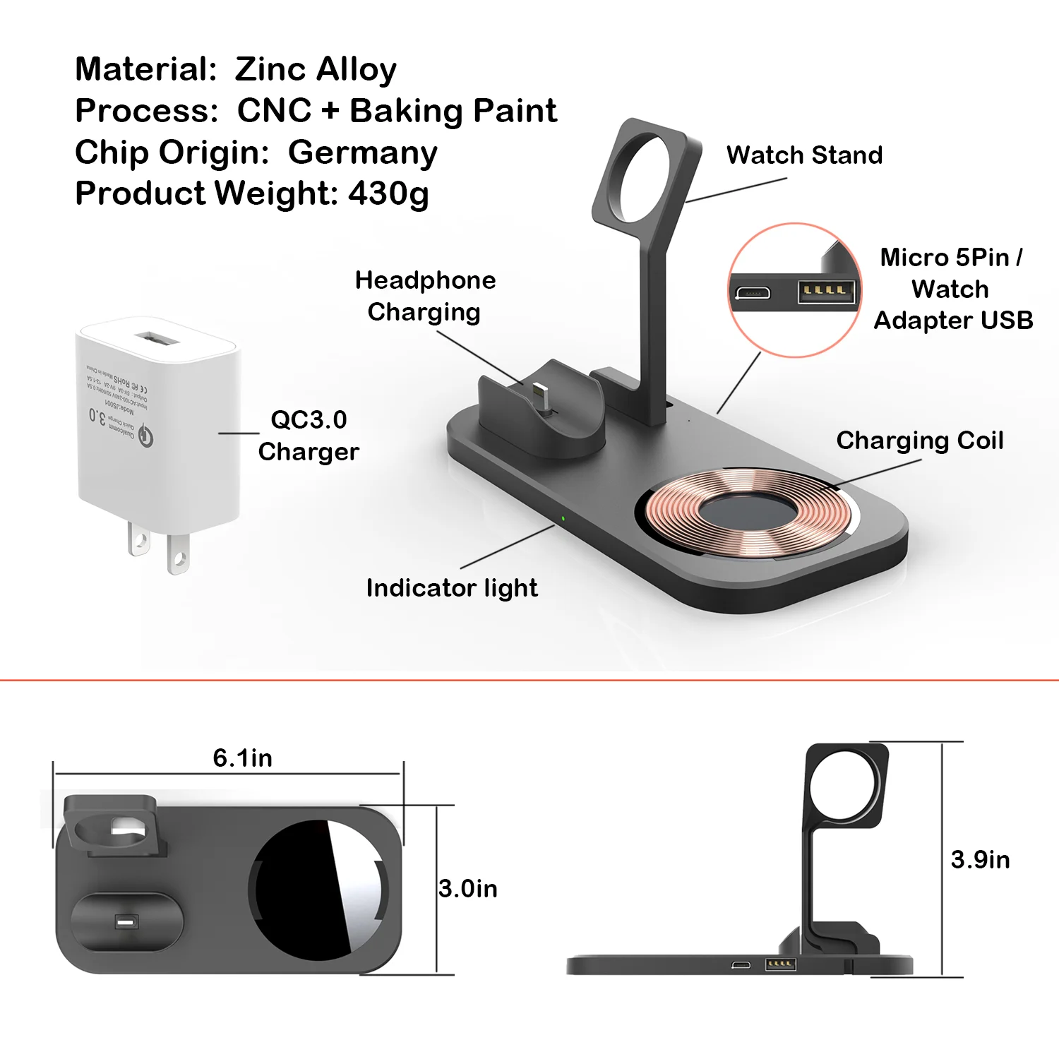 

10W Fast Wireless Charger Stand 3 In 1 For iPhone 11/11pro/X/XR Apple Watch Series 5/4/3/2/1 Airpods Pro Watch Micro USB Type C