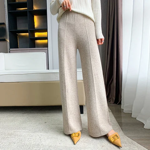 Женские шерстяные трикотажные мешковатые брюки, дышащие, из шерстяной ткани, удобные и натуральные женские широкие брюки, новинка зимы, style2021