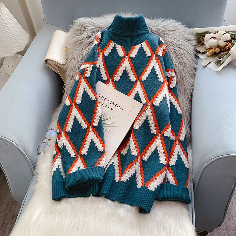 

Fashion Women's Turtleneck Sweater Korean Fashion Winter Pullover Oversized Long Sleeve Knitted Lady Argyle Sweaters