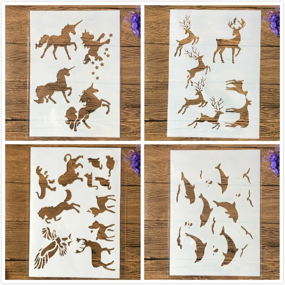 4Pcs/Set A4 29cm Unicorn Deer Horse Dolphin DIY Layering Stencils Painting Scrapbook Coloring Embossing Album Decor Template | Канцтовары