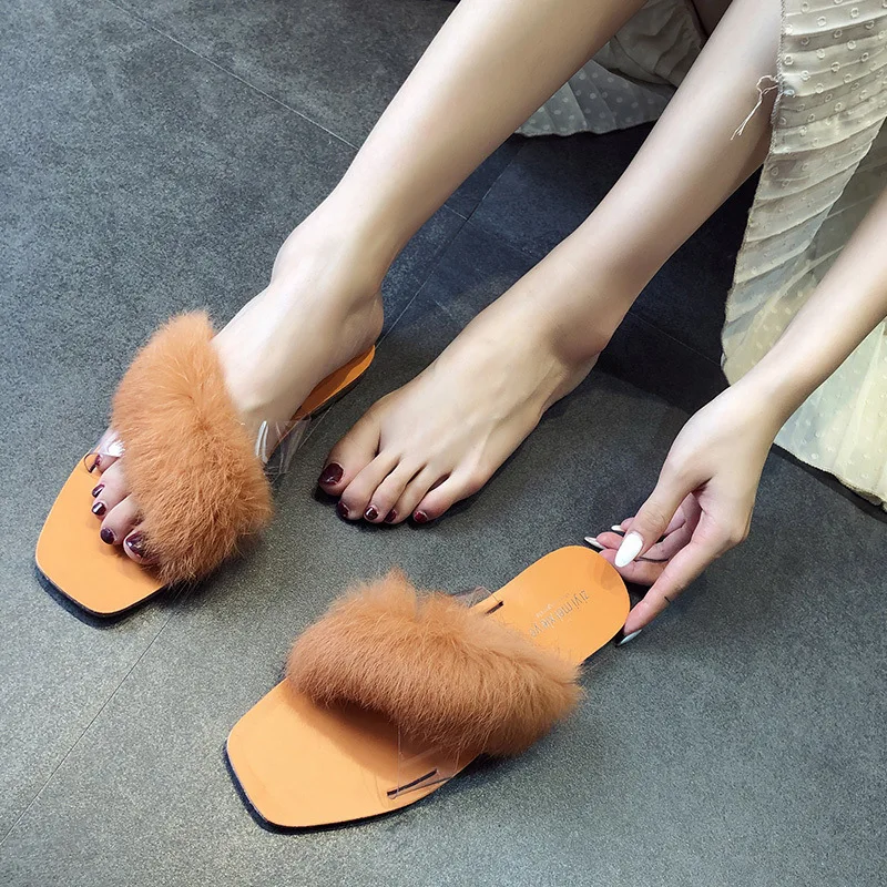 HEE GRAND/летние Для женщин пушистые тапочки с плоской подошвой плюшевый мохнатый