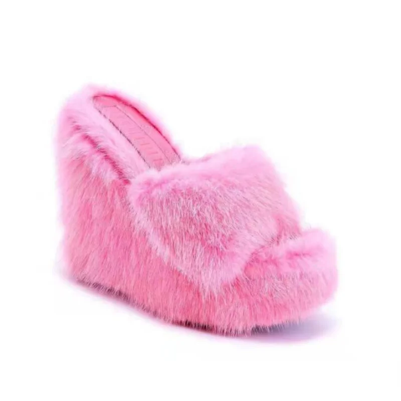 2022 Autumn New Women Round Head Wedges with Mink Fur Slippers Feminine High-heeled Fur Drag Outdoor All-match Shoes Slippers