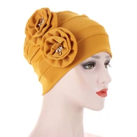 indian turban hat double outer flower muslim solid color pleated wholesale muslim dress hijab cap hair accessories