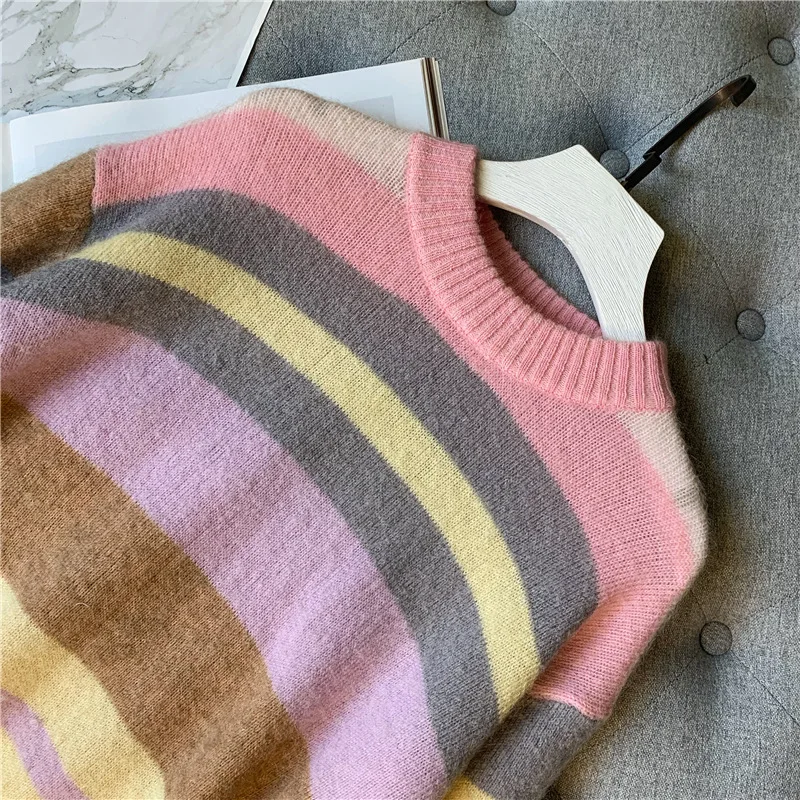 

O-Neck Sweater Women Rainbow Stripes Color Matching Pullover Loose Knit Top