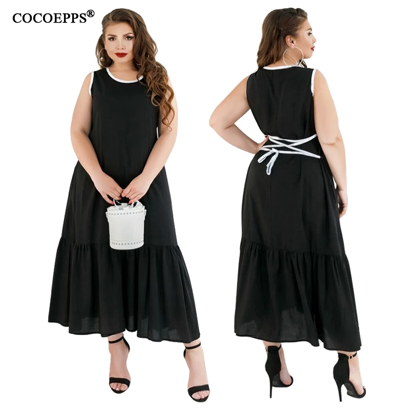 

5xl 6xl A-line summer long dress big size elegant black beach maxi dress plus size casual ruffles women dress large size vestido
