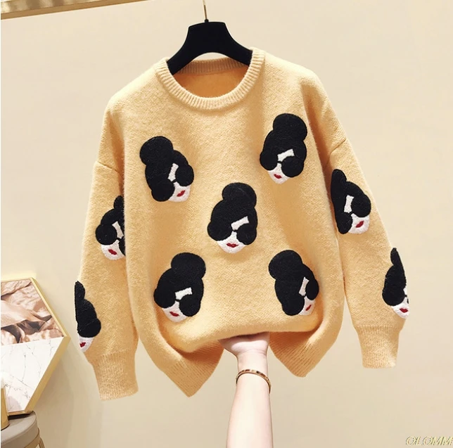 

Pull Femme 2020 Winter Autumn Oversized Knitted Sweater Women Lantern Sleeve Embroidery Cartoon Thicken Pullovers Jumper