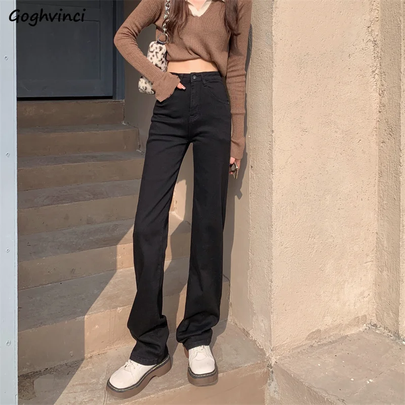 

Jeans Women Solid Washed Black Design Straight Denim Chic Street Casual All-match Preppy Style BF Full Length Slender Girls New