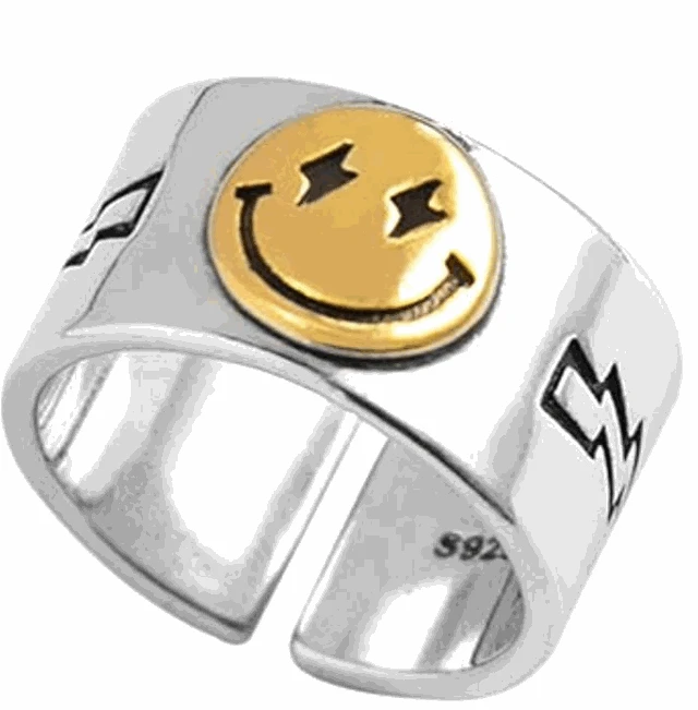 Punk Ancient Silver Color Happy Smiling Face Open Rings for Women Adjustable Stackable Link Twisted Ring Fashion Jewelry | Украшения и