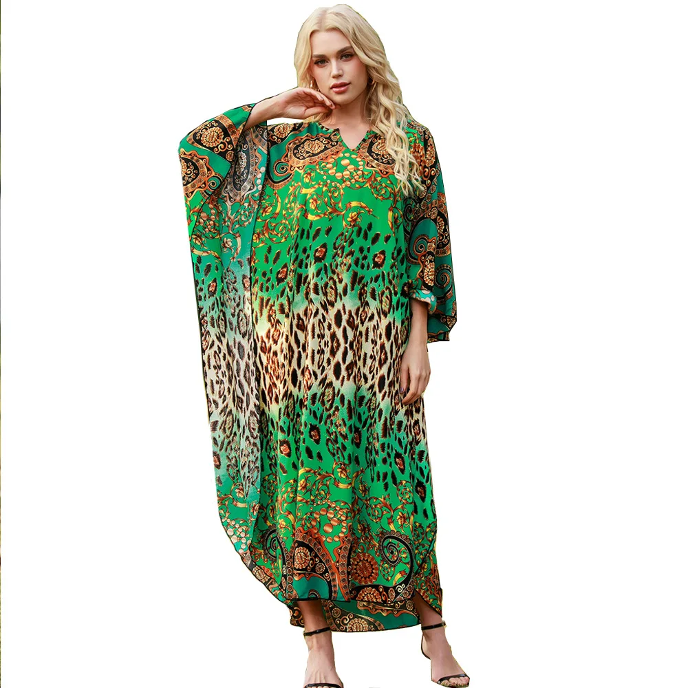 

New Middle East Loose Robe European and American Beach Holiday Print Long Skirt Large Dress Green Dress for Women Plus Size