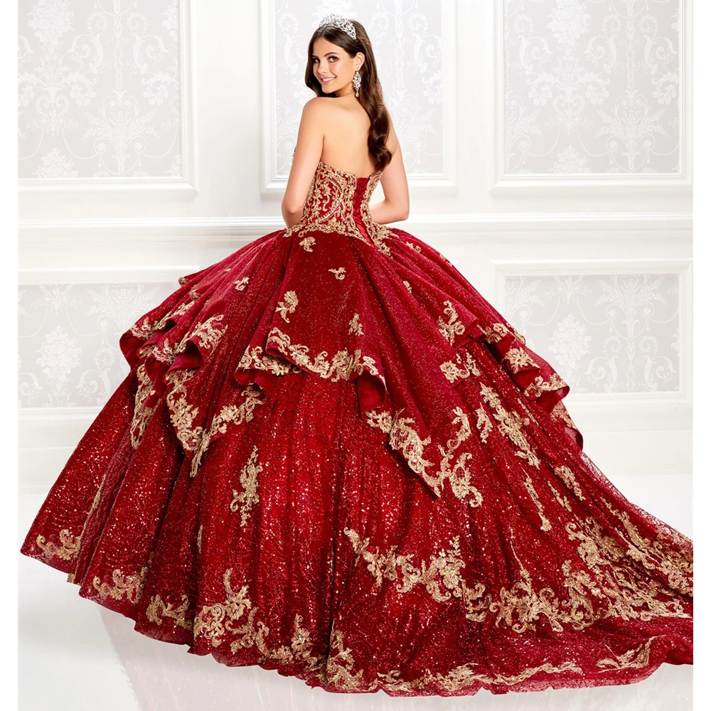 

Luxury Princess Wine Quinceanera Dresses Lace Appliqued Sequins Ball Gown Vestidos De Quinceañera Sweetheart Sweet 16 Dress