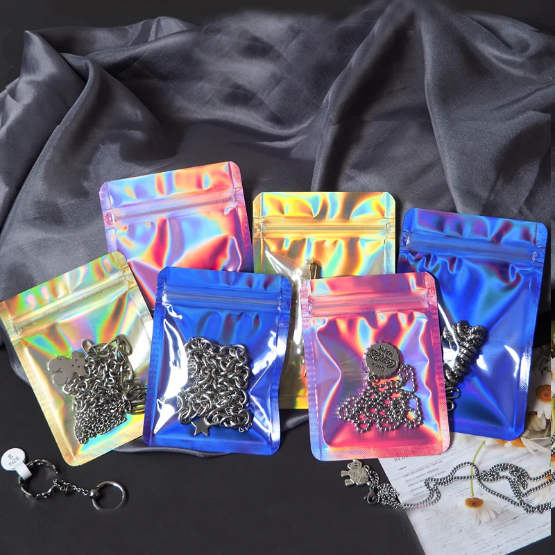 100pcs Clear Front Holographic Zip Lock Mylar Bag Small Flat Pouches Aluminum Foil Zipper Mini Jewelry Gift Package Bags - купить по