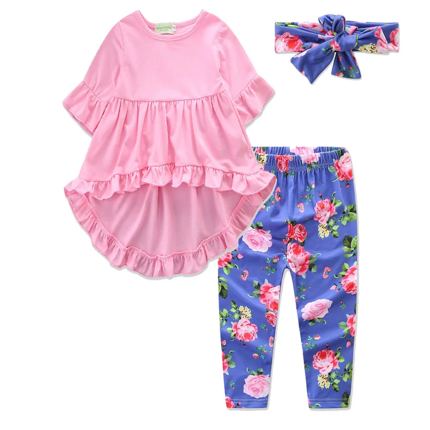 

Summer 2020 European and American Girls Irregular Dress Solid Pink Flare Sleeves Shirt with Blue Flower Long Pants Children Suit