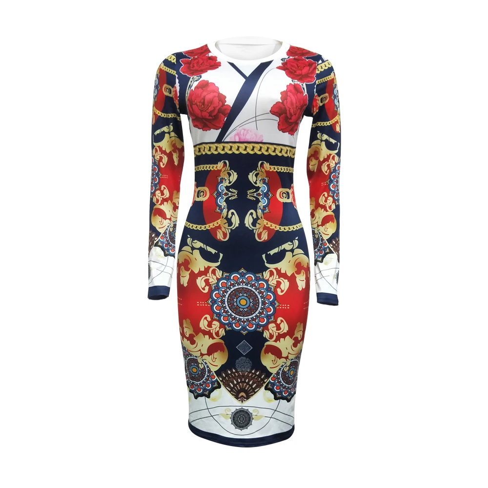 

Women Long Sleeve Floral Bodycon Dresses Sexy Pencil Midi Dresses Elegant Slim Dress for Evening Party Club Wear