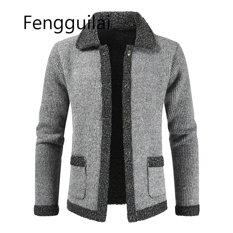 

Мужской утепленный кардиган FENGGUILAI, однотонный кашемировый свитер, утепленный, в стиле пэчворк, для зимы, 2019