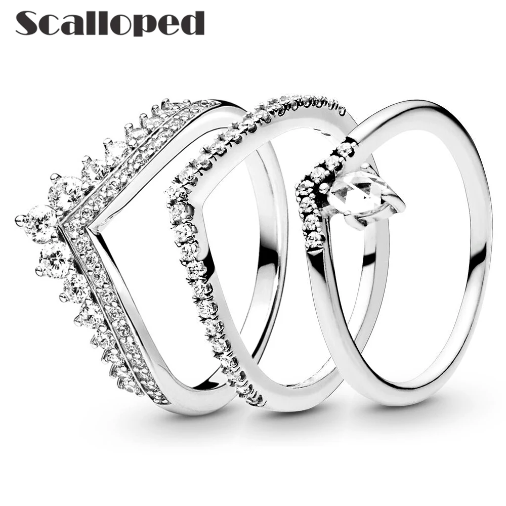 SCALLOPED Trendy Princess Wishbone Rings For Women Copper Alloy Zircon Ring Set Bride Wedding Jewelry Free Shiping