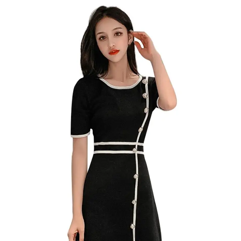 

Women Vintage Concise Solid Color Patchwork Round Collar Short Sleeves Slim Retro Knitted Dress