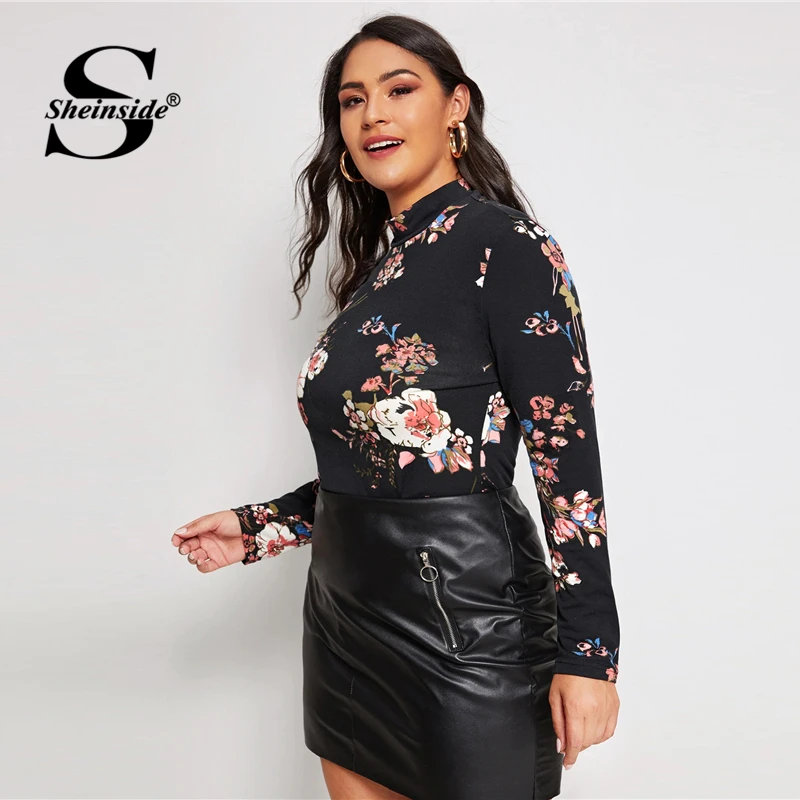 Sheinside размера плюс Цветочный принт со стоячим воротником футболка Для женщин осень Повседневное узкие Футболка женские эластичные отделка верха