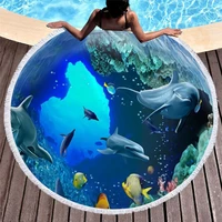 marine life printed round beach towel compressed microfiber bath towel with tassels dolphin summer beach towel for adults childs