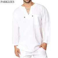 white cotton linen shirt men 2020 brand new long sleeve casual lace up shirts mens lightweight breathable top blouse chemise 3xl