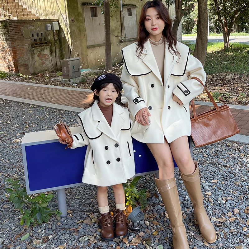 Fashion Family Matching Outfit Clothes for Mum and Me Autumn Winter Parent-children Navy Jacket Warm Girls Outerwear Women Coats