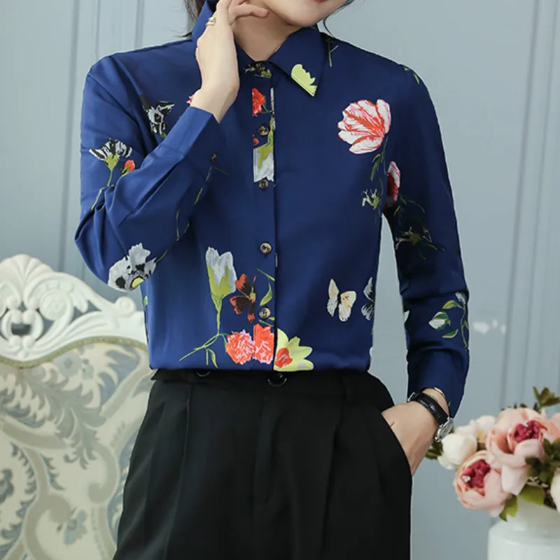 

2020 Autumn New Women's Dark Blue Printed Women's Long-Sleeved Shirt Women's Slim Retro Bottoming Shirt Top Women's S-5XL