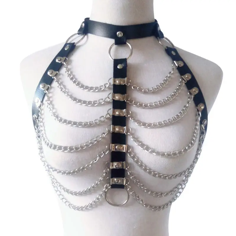 

Womens Sexy Punk Chest Harness Adjustable Caged Waist Belts Metal Body Chain Faux Leather Chocker Necklace Roleplay Clubwear